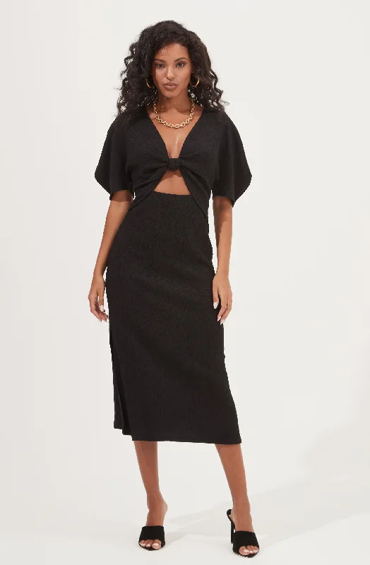 Plus Size Women Dress with a Flattering A - Line Cut for Comfort and StyleNormandie Cutout Puff Sleeve Midi Dress Plus Size Women Dress with a Flattering A - Line Cut for Comfort and StyleNormandie Cutout Puff Sleeve Midi Dress