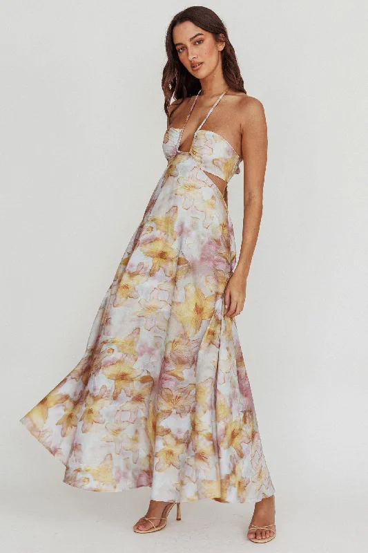 Ruffled Women Dress with Multiple Layers for a Playful and Girly StyleOnika Cut-Out Tied Back Floral Maxi Dress Yellow Ruffled Women Dress with Multiple Layers for a Playful and Girly StyleOnika Cut-Out Tied Back Floral Maxi Dress Yellow