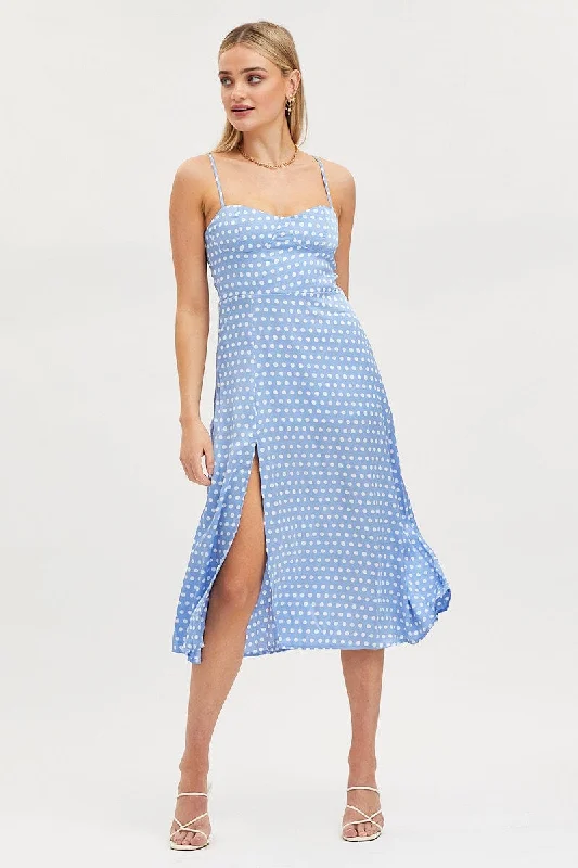 Polka Dot Midi Dress Sleeveless Sweetheart Neckline