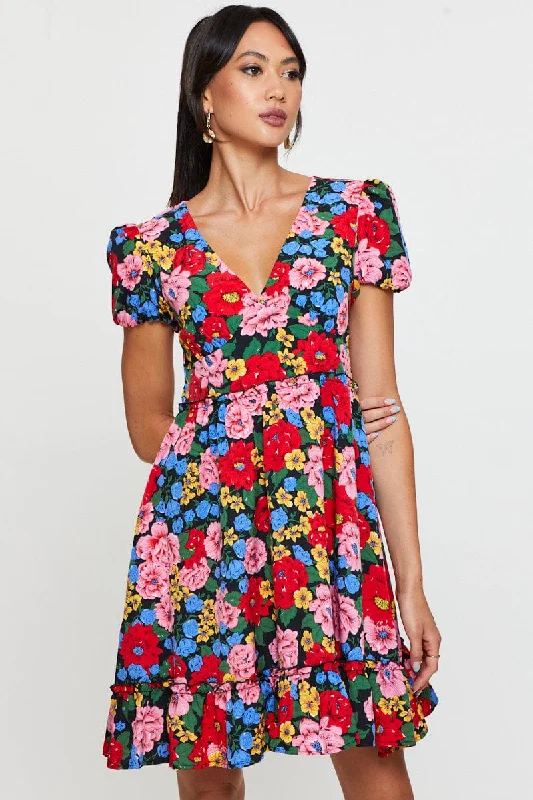 Empire Waist Women Dress to Accentuate the Bust and Conceal the WaistPrint Fit And Flare Dress Short Sleeve V Neck Empire Waist Women Dress to Accentuate the Bust and Conceal the WaistPrint Fit And Flare Dress Short Sleeve V Neck