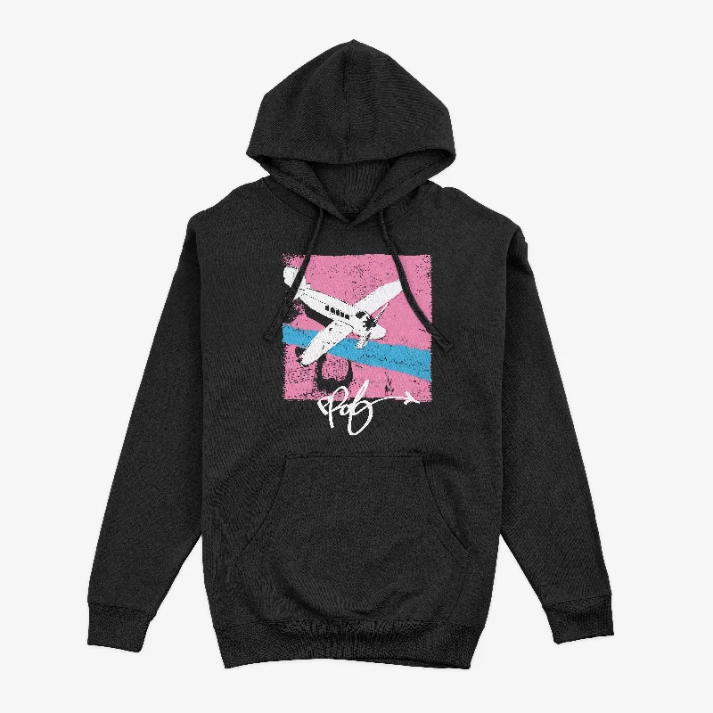 Women's oversized cropped hoodie with drawstrings for a trendy lookPROF "Airplane" Black Pullover Hoodie Women's oversized cropped hoodie with drawstrings for a trendy lookPROF "Airplane" Black Pullover Hoodie