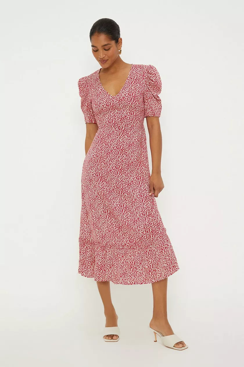 Wrap - Style Women Dress with Adjustable Fit for All Body TypesRed Disty Floral Puff Sleeve Midi Dress Wrap - Style Women Dress with Adjustable Fit for All Body TypesRed Disty Floral Puff Sleeve Midi Dress