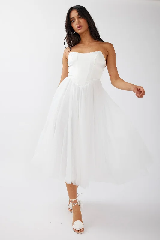 Little Black Women Dress with Sequins for a Glamorous Night OutRosemary Tulle Bustier Midi Dress White Little Black Women Dress with Sequins for a Glamorous Night OutRosemary Tulle Bustier Midi Dress White