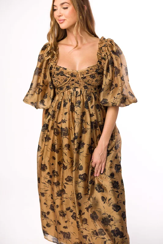 Harlow Camel & Black Floral Maxi Dress with Stretchy Neckline - Bump Friendly (Read Description)