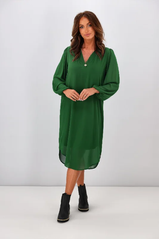 Plus Size Women Dress with a Flattering A - Line Cut for Comfort and StyleShine On Label Zaya Placket Neck Dress Forest Plus Size Women Dress with a Flattering A - Line Cut for Comfort and StyleShine On Label Zaya Placket Neck Dress Forest