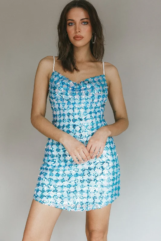 Halter Neck Women Dress to Show Off the Shoulders and NecklineShow Me Love Cowl Neck Mini Dress Sequin Check Blue Halter Neck Women Dress to Show Off the Shoulders and NecklineShow Me Love Cowl Neck Mini Dress Sequin Check Blue