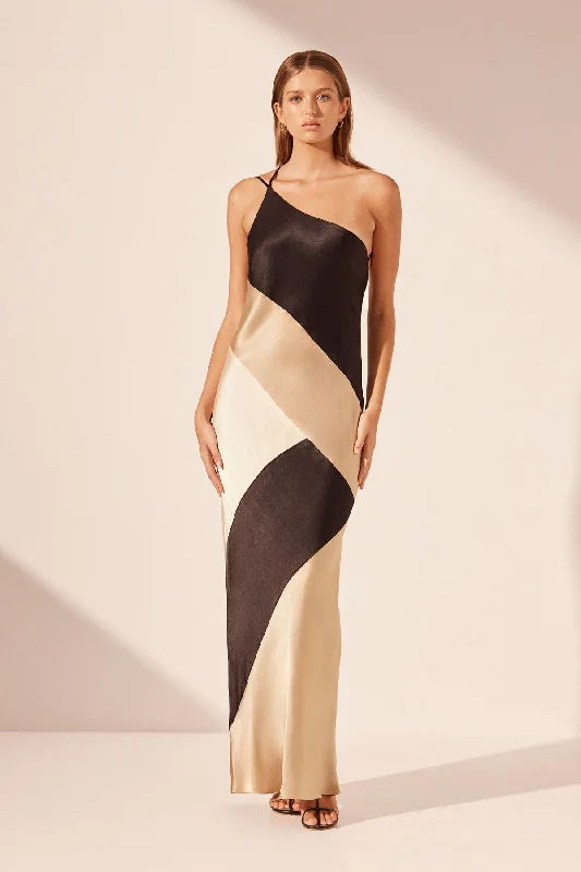 Empire Waist Women Dress to Accentuate the Bust and Conceal the WaistSOFIA CONTRAST ONE SHOULDER COWL BACK MAXI DRESS - BLACK/MULTI Empire Waist Women Dress to Accentuate the Bust and Conceal the WaistSOFIA CONTRAST ONE SHOULDER COWL BACK MAXI DRESS - BLACK/MULTI