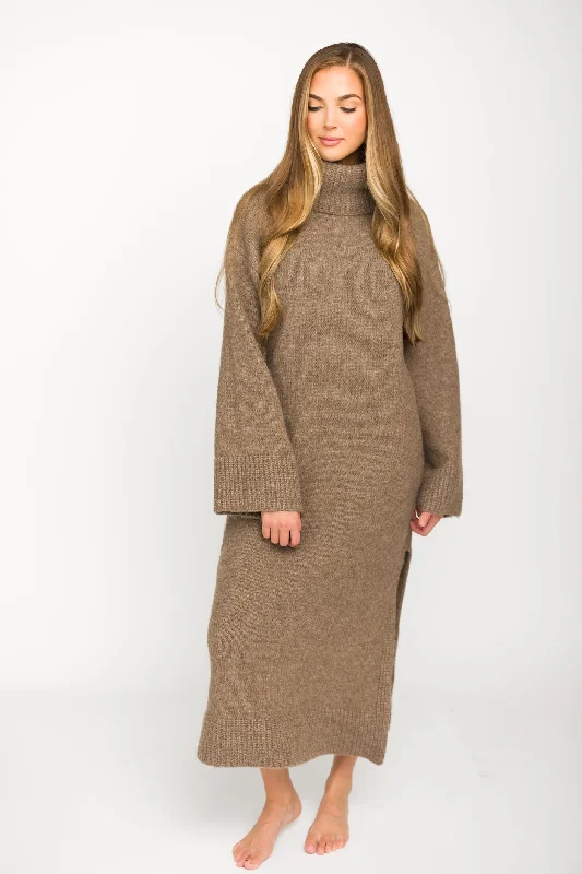 Melissa Cowl-Neck Sweater Midi Dress in Light Mocha