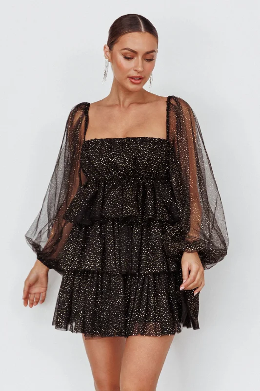 Pleated Women Dress with a Timeless and Elegant TextureSpring Morning Long Sleeve Tiered Mini Dress Black/Gold Pleated Women Dress with a Timeless and Elegant TextureSpring Morning Long Sleeve Tiered Mini Dress Black/Gold