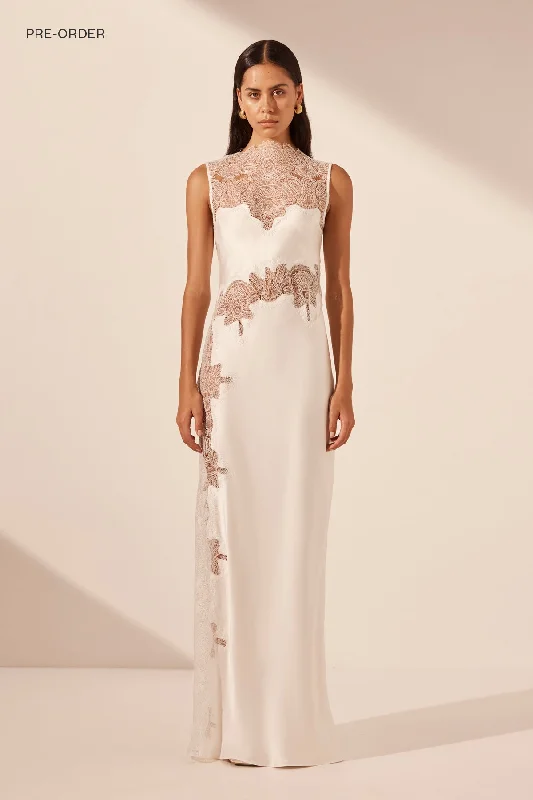 Lace - Embellished Women Dress for an Elegant and Sophisticated AppearanceSTRATUS LACE HIGH NECK MAXI DRESS - IVORY Lace - Embellished Women Dress for an Elegant and Sophisticated AppearanceSTRATUS LACE HIGH NECK MAXI DRESS - IVORY
