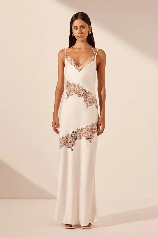Little Black Women Dress with Sequins for a Glamorous Night OutSTRATUS LACE PANELLED MAXI DRESS - IVORY