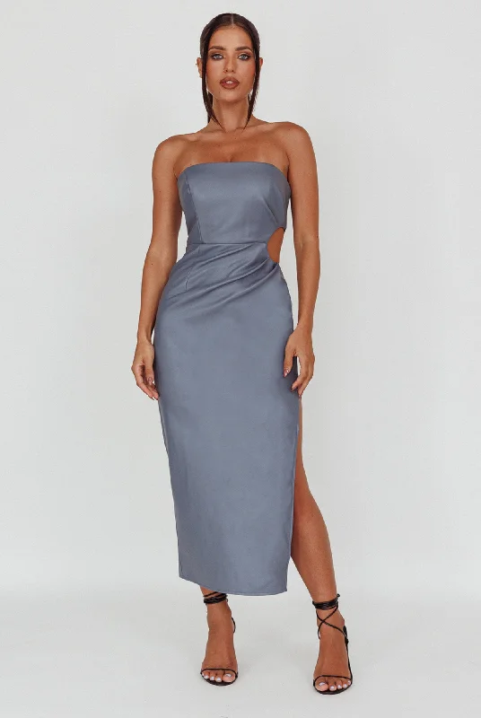 Taking Bets Strapless Midi Dress Leather Midnight Blue