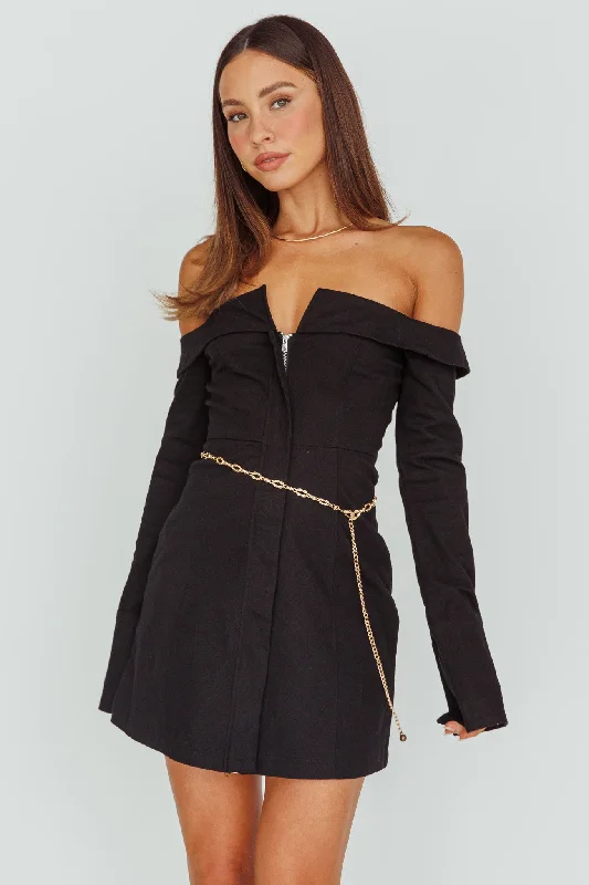 Tamra Long Sleeve Off-Shoulder Zip Dress Black