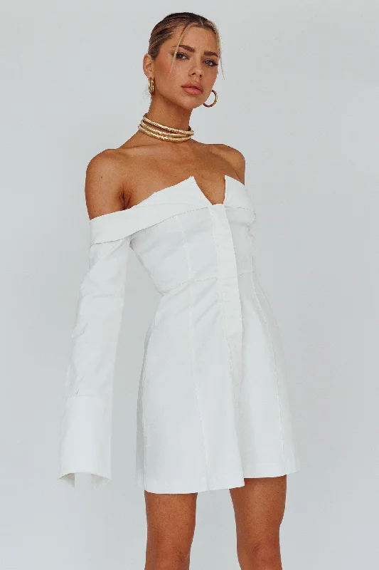 Lace - Embellished Women Dress for an Elegant and Sophisticated AppearanceTamra Long Sleeve Off-Shoulder Zip Dress White Lace - Embellished Women Dress for an Elegant and Sophisticated AppearanceTamra Long Sleeve Off-Shoulder Zip Dress White