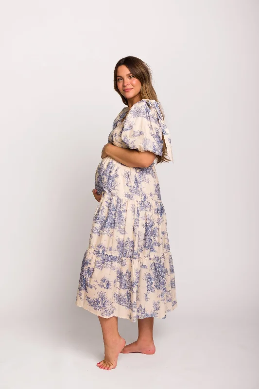 Elena 100% Cotton Toile Print Smocked Midi Dress in Blue - Bump Friendly -Restocking in November