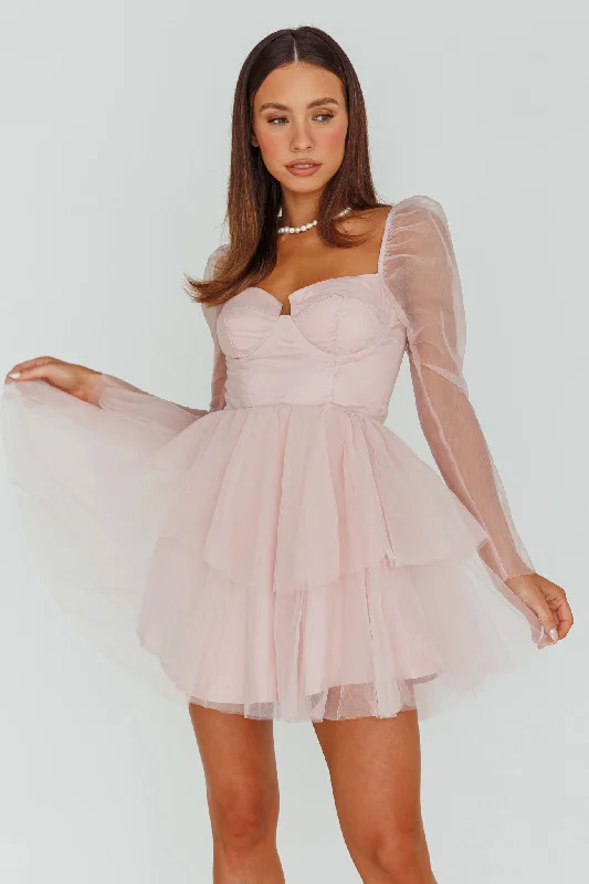 Off - the - Shoulder Women Dress for a Romantic and Feminine LookVeola Long Sleeve Tulle Mini Dress Blush Off - the - Shoulder Women Dress for a Romantic and Feminine LookVeola Long Sleeve Tulle Mini Dress Blush