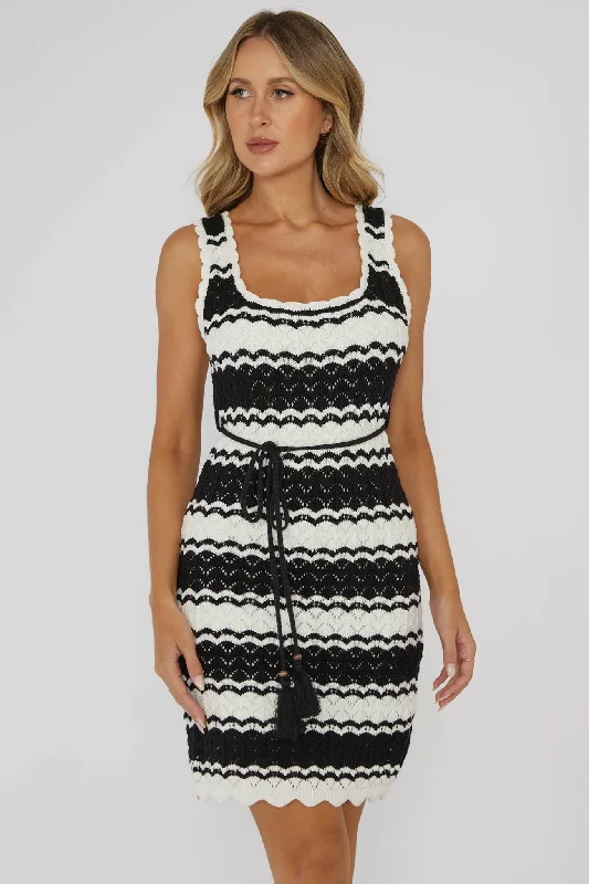 Pleated Women Dress with a Timeless and Elegant TextureWander Lust Crochet Mini Dress Striped Black Pleated Women Dress with a Timeless and Elegant TextureWander Lust Crochet Mini Dress Striped Black