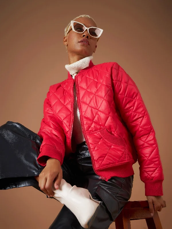 Women's bomber jackets with a holographic finish for a futuristic and eye - catching lookWomen Red Diamond Quilted Bomber Jacket Women's bomber jackets with a holographic finish for a futuristic and eye - catching lookWomen Red Diamond Quilted Bomber Jacket
