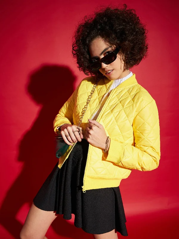 Women's long - line cardigan jackets in a soft knit for a cozy and elegant lookWomen Yellow Diamond Quilted Bomber Jacket Women's long - line cardigan jackets in a soft knit for a cozy and elegant lookWomen Yellow Diamond Quilted Bomber Jacket