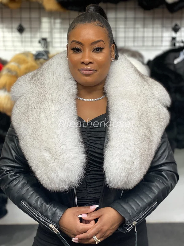 Women's long - line cardigan jackets in a soft knit for a cozy and elegant lookWomen's Jay Biker Full Fox Fur [Natural White Fur]