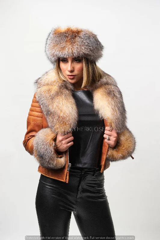 Women's military - style jackets with epaulets for a tough and fashionable appearanceWomen's Jay Biker Full Fox Fur [With Head Band Crystal]