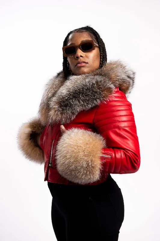 Women's cropped leather jackets with a fringe detail for a western - inspired outfitWomen's Jay Biker Red Full Fox Fur [Crystal Fox]
