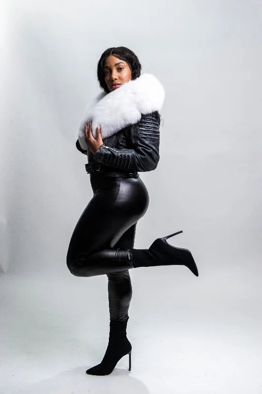 Women's quilted puffer jackets in a cropped silhouette for a modern twistWomen's Trey Biker Space Gray Oversized Fox Collar [Pure White Fox Fur]