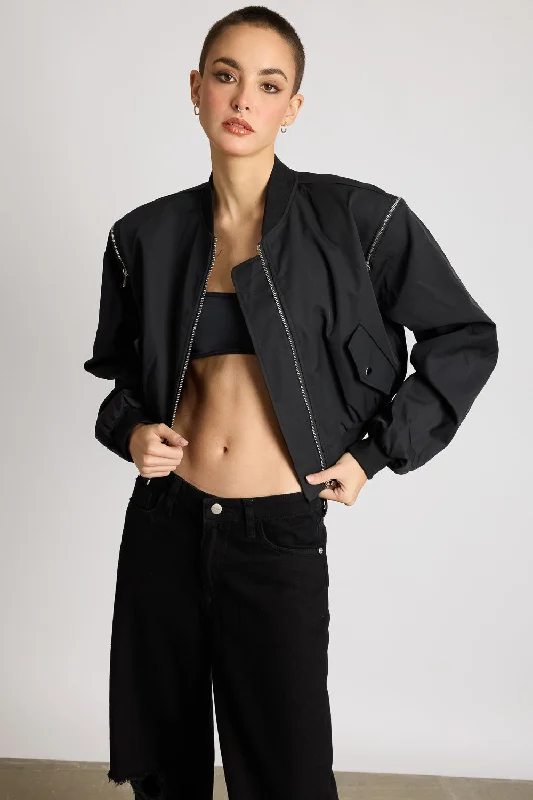 Women's bomber jackets with a holographic finish for a futuristic and eye - catching lookZip With Me Black Bomber Jacket Women's bomber jackets with a holographic finish for a futuristic and eye - catching lookZip With Me Black Bomber Jacket