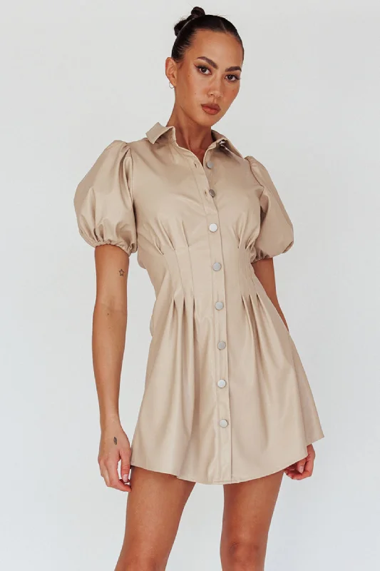 Zurich Pleated Waist Shirt Dress Faux Leather Nude