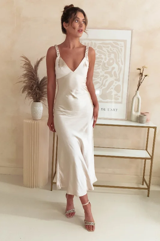 Metallic maxi dresses for a glamorous New Year's Eve partyBethanie Soft Satin Maxi Dress | Champagne Metallic maxi dresses for a glamorous New Year's Eve partyBethanie Soft Satin Maxi Dress | Champagne