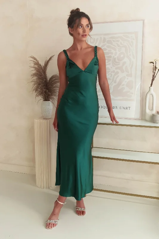 Maxi dresses with a ruffled neckline for a charming lookBethanie Soft Satin Maxi Dress | Dark Green Maxi dresses with a ruffled neckline for a charming lookBethanie Soft Satin Maxi Dress | Dark Green