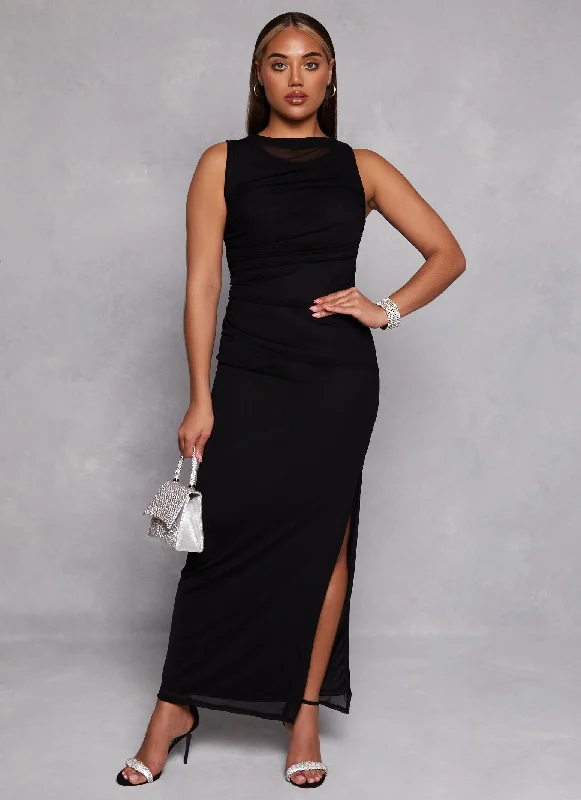 Maxi dresses with fringe trim for a bohemian vibeHaute Monde Mesh High Cowl Neck Side Slit Maxi Dress Maxi dresses with fringe trim for a bohemian vibeHaute Monde Mesh High Cowl Neck Side Slit Maxi Dress