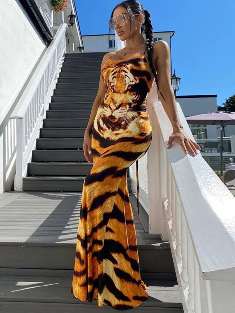 Tiger Pattern Print Maxi Dress Spaghetti Strap Sleeveless Backless Elegant Slipdress Floral Dress