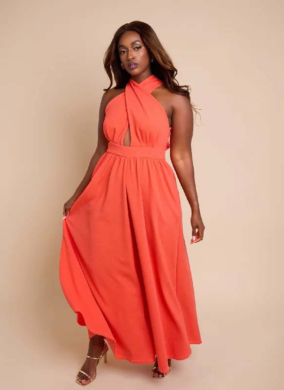 Maxi dresses with a criss - cross back for a flirty and unique detailEleanor Keyhole Skater Maxi Dress w. Pockets - Coral Maxi dresses with a criss - cross back for a flirty and unique detailEleanor Keyhole Skater Maxi Dress w. Pockets - Coral