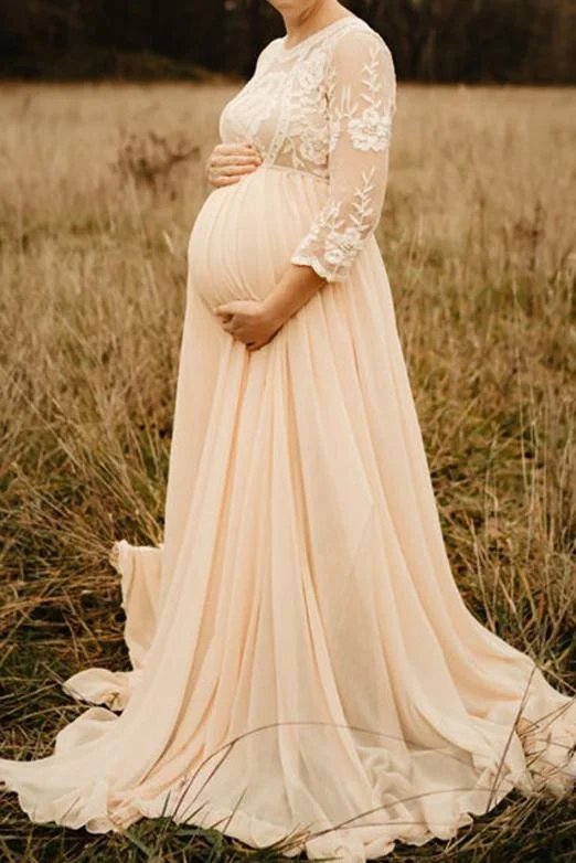 Pregnancy Chiffon Lace Long Maternity Gown Photoshoot Dress