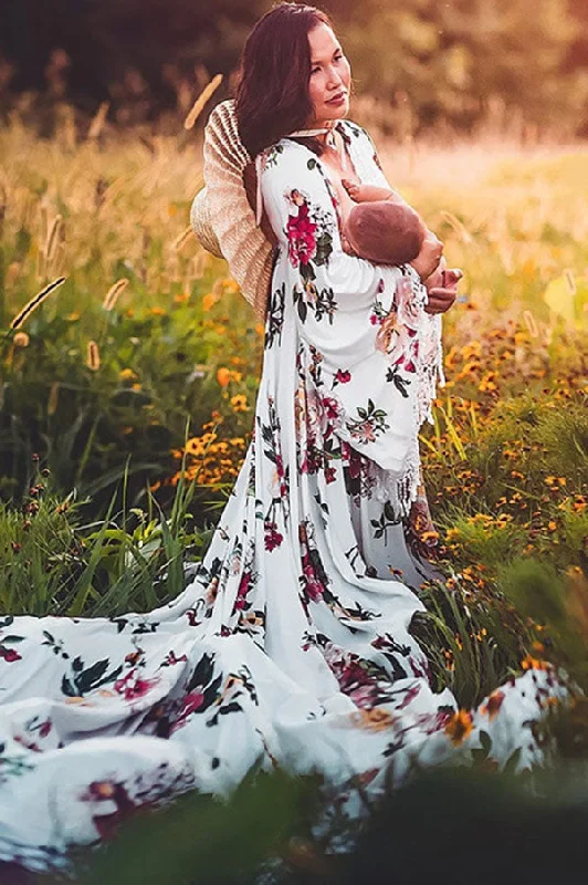 Floral V-neck Bat Sleeves Long Maternity Photoshoo Dress