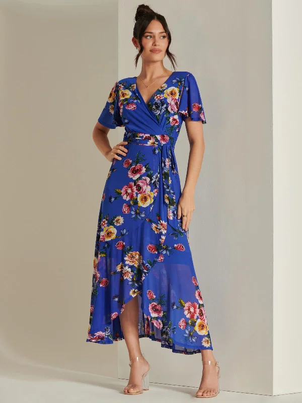 Frill Dip Hem Mesh Maxi Dress, Royal Floral