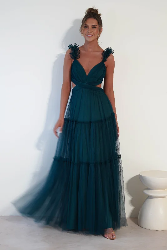 Galiena Ruffle Tulle Maxi Dress | Teal