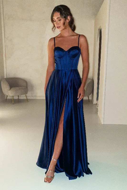 Satin maxi dresses with a high - low hem for a modern twistGeorgia Soft Satin Maxi Gown | Navy Blue Satin maxi dresses with a high - low hem for a modern twistGeorgia Soft Satin Maxi Gown | Navy Blue