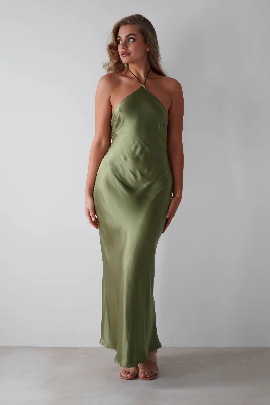 Maxi dresses with cut - out details on the sides for a modern edgeHeather Soft Satin Maxi Dress | Olive
