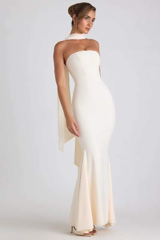 Maxi dresses with pom - pom trims for a playful and festive lookScarf-Detail Strapless Gown in Ivory Maxi dresses with pom - pom trims for a playful and festive lookScarf-Detail Strapless Gown in Ivory