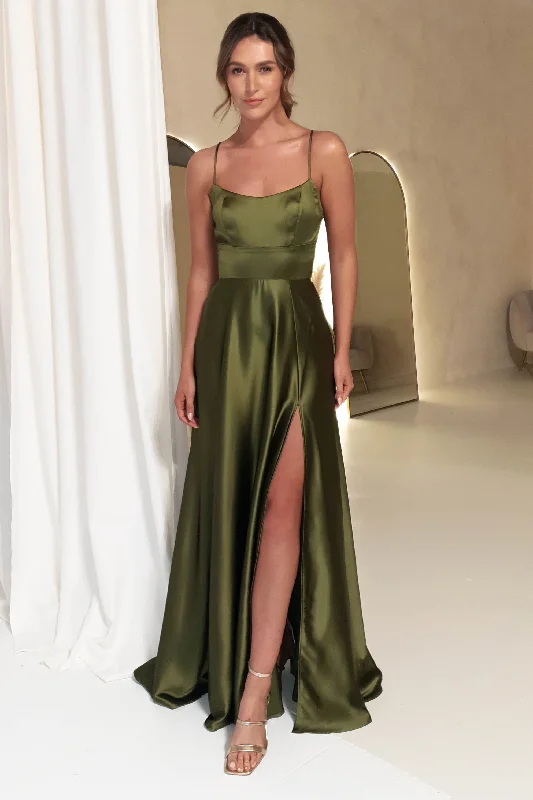 Sheer maxi dresses with lace overlays for a romantic touchLeelie Silky Satin Maxi Gown | Olive Sheer maxi dresses with lace overlays for a romantic touchLeelie Silky Satin Maxi Gown | Olive