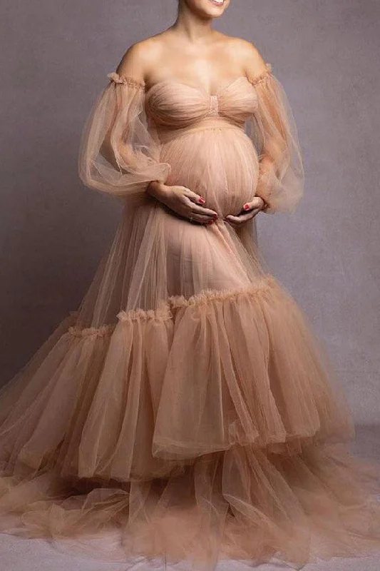 Nude Soft Tulle Strapless Maternity Photoshoot Gown