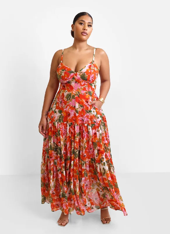 Maxi dresses with cut - out details on the sides for a modern edgeRenata Floral Tiered Maxi Skater Dress Maxi dresses with cut - out details on the sides for a modern edgeRenata Floral Tiered Maxi Skater Dress
