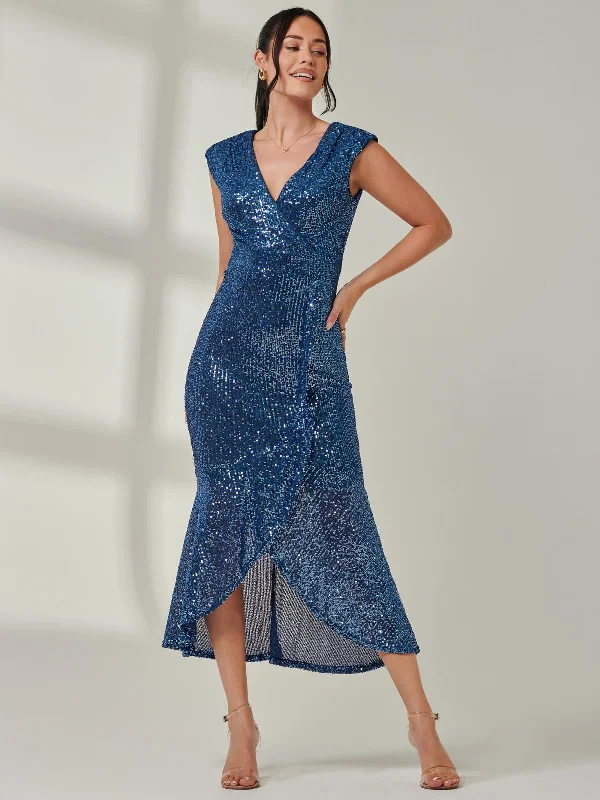 Sequin Wrap Fishtail Maxi Dress, Navy