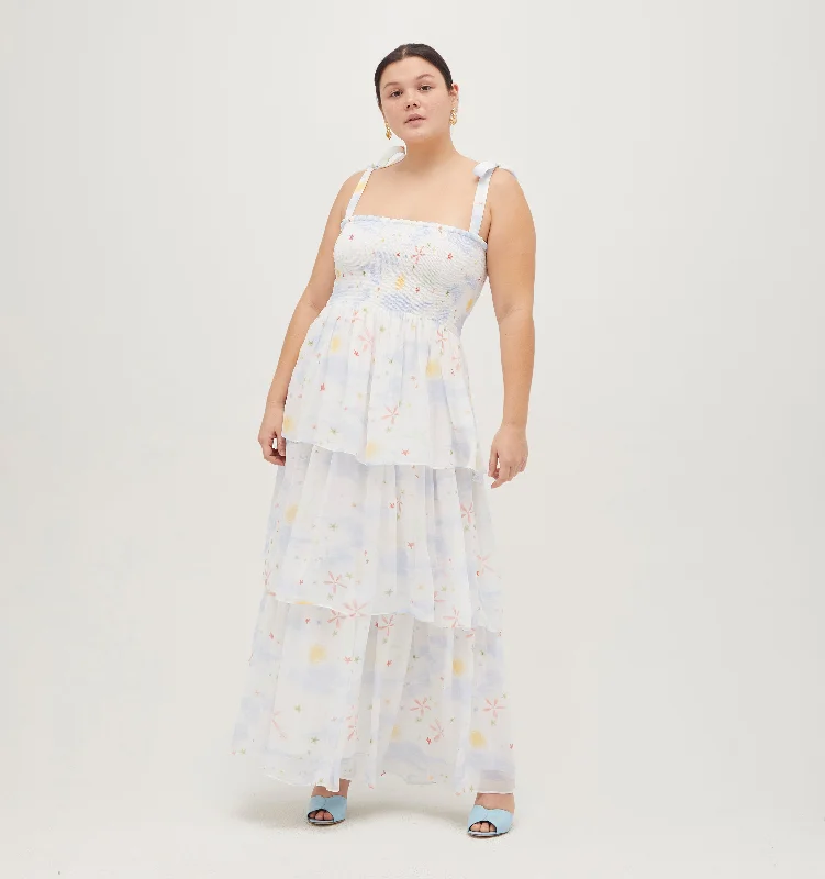 Maxi dresses with fringe trim for a bohemian vibeThe Elise Nap Dress - Celestial Floral Georgette Maxi dresses with fringe trim for a bohemian vibeThe Elise Nap Dress - Celestial Floral Georgette