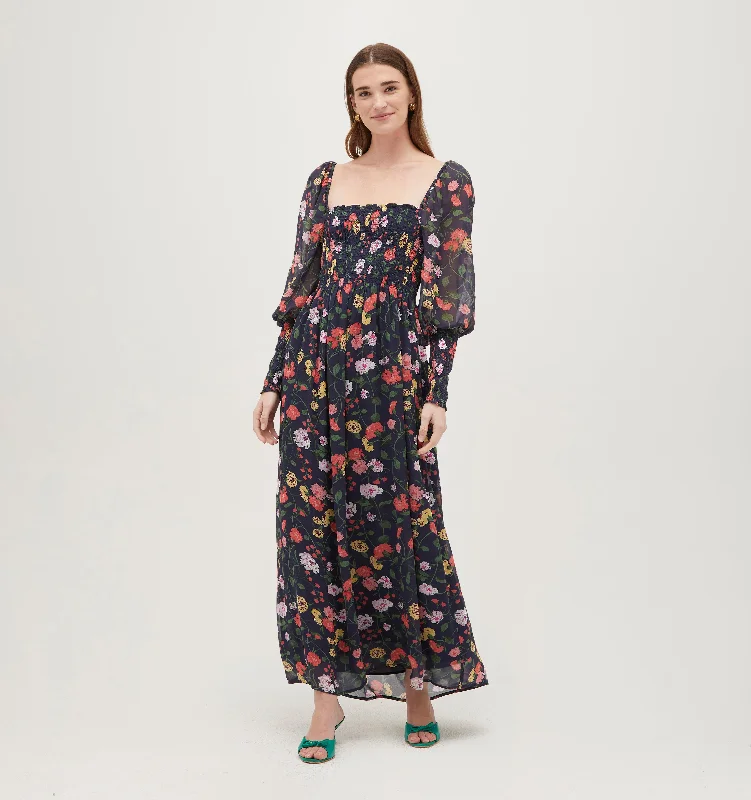 Maxi dresses with fringe trim for a bohemian vibeThe Grace Maxi Nap Dress - Navy Peony Bouquet Georgette