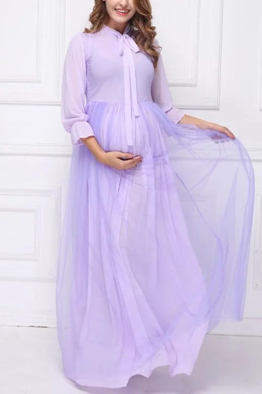 Tie Neck Long Sleeve Maternity Maxi Dress For Photoshoot