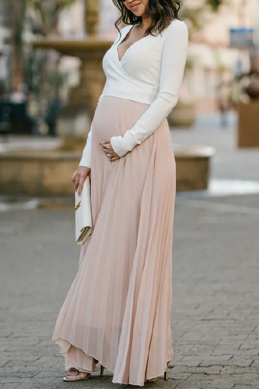 Custom Two-tone Pleated Long Sleeves Maternity Dress