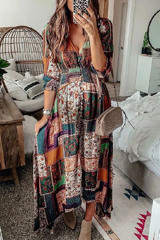 Vintage Boho Printed Maternity Maxi Dress